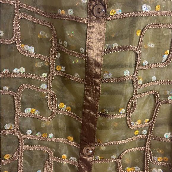 90’s VTG Satin Sequin Semi Sheer Textured Brown Gold Women’s Button Down Size M - Picture 3 of 14